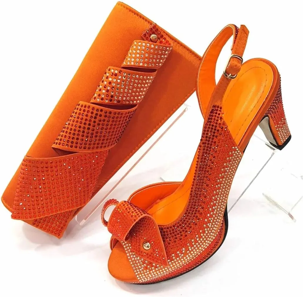 Women's Elegant High Heel Peep Toe Sandal And Clutch Set With Crystal Detail For Special Occasions