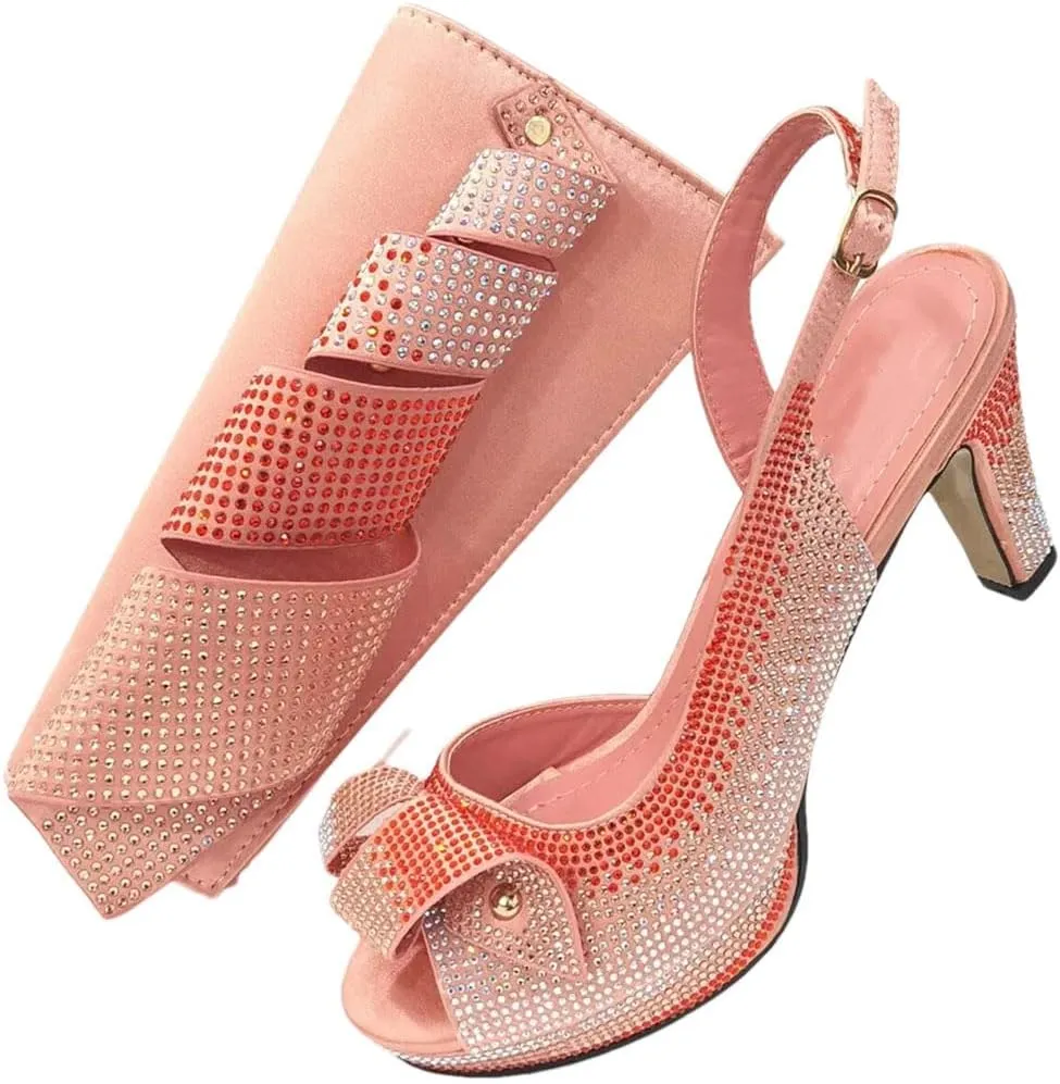 Women's Elegant High Heel Peep Toe Sandal And Clutch Set With Crystal Detail For Special Occasions