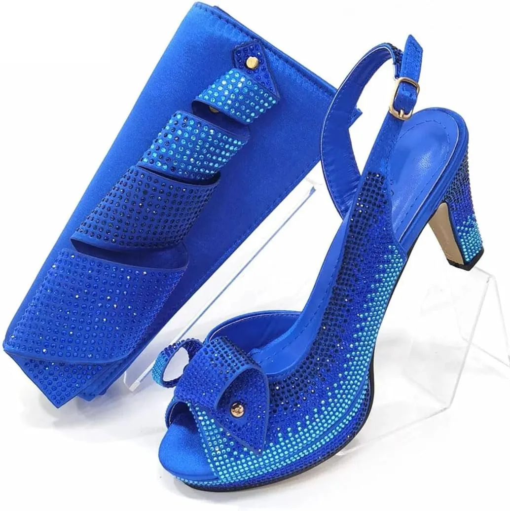 Women's Elegant High Heel Peep Toe Sandal And Clutch Set With Crystal Detail For Special Occasions