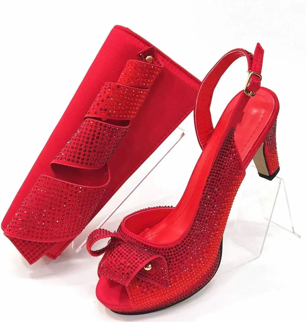 Women's Elegant High Heel Peep Toe Sandal And Clutch Set With Crystal Detail For Special Occasions