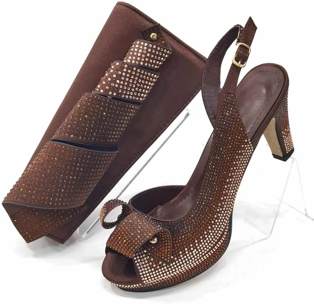 Women's Elegant High Heel Peep Toe Sandal And Clutch Set With Crystal Detail For Special Occasions