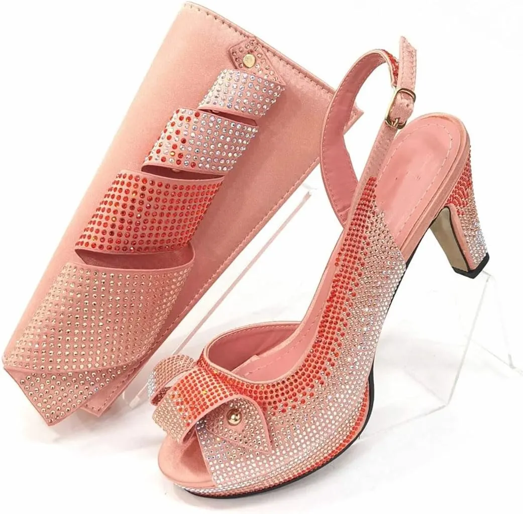 Women's Elegant High Heel Peep Toe Sandal And Clutch Set With Crystal Detail For Special Occasions
