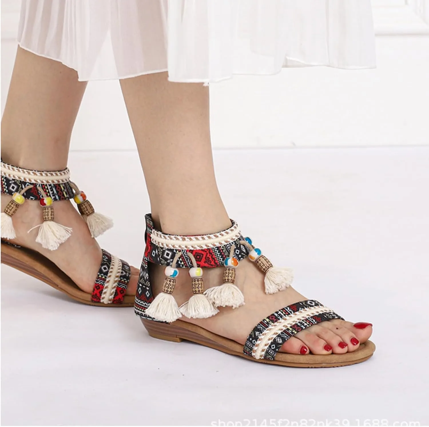 Womens Flat Sandals Bohemian Ethnic Style Dressy Sandals, Summer One Band Ankle Strap Flat Shoes Casual Comfortable Vintage Flats with Zipper