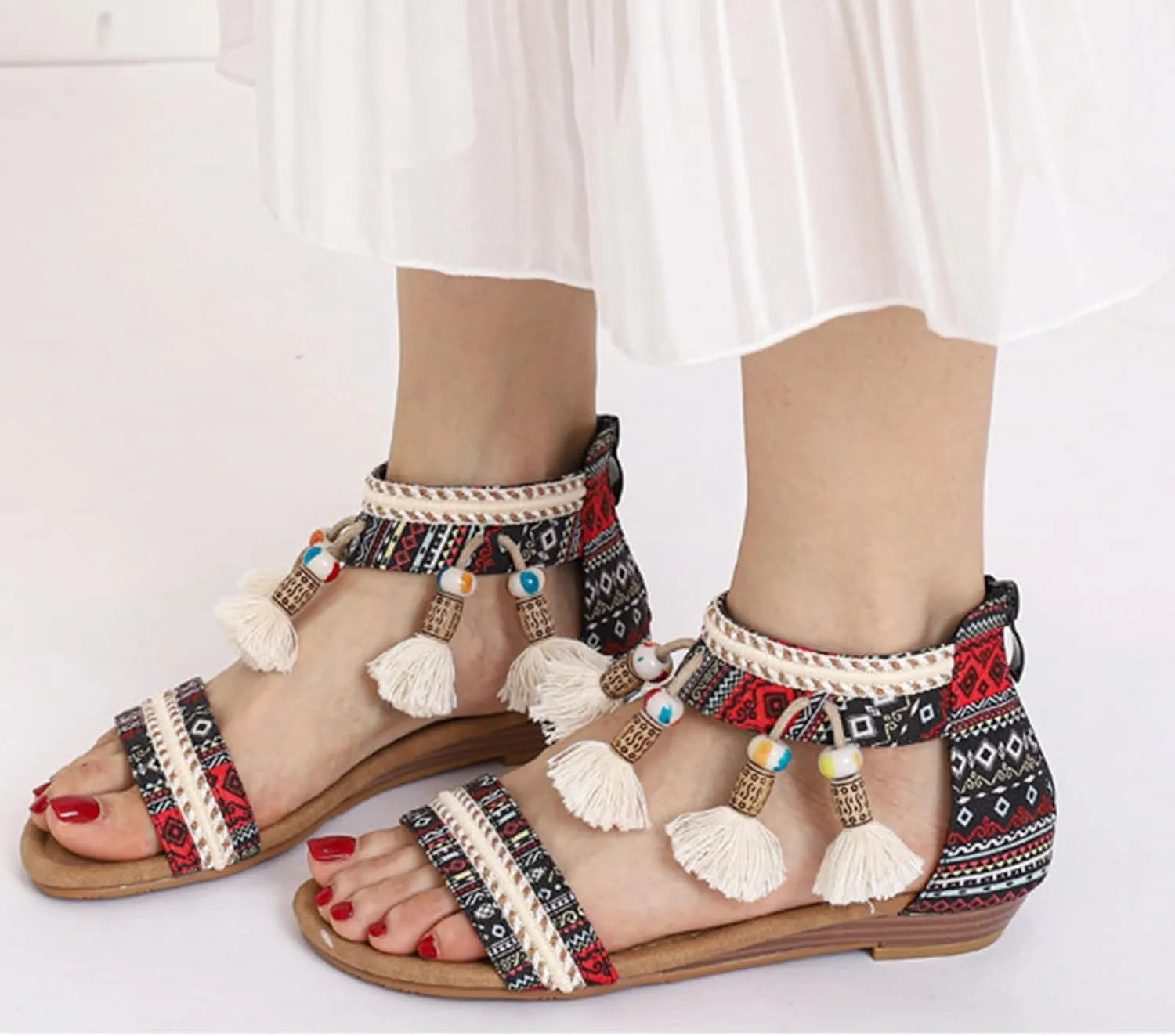Womens Flat Sandals Bohemian Ethnic Style Dressy Sandals, Summer One Band Ankle Strap Flat Shoes Casual Comfortable Vintage Flats with Zipper