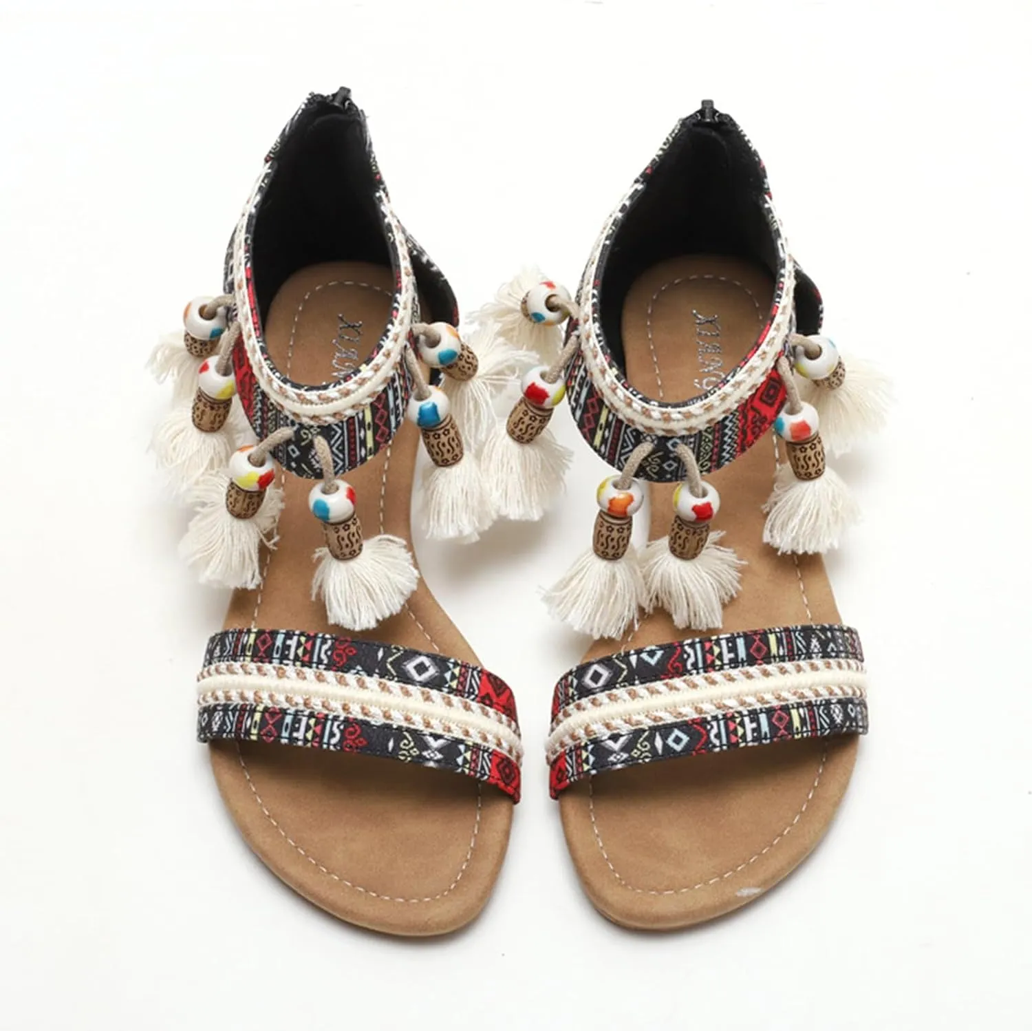 Womens Flat Sandals Bohemian Ethnic Style Dressy Sandals, Summer One Band Ankle Strap Flat Shoes Casual Comfortable Vintage Flats with Zipper