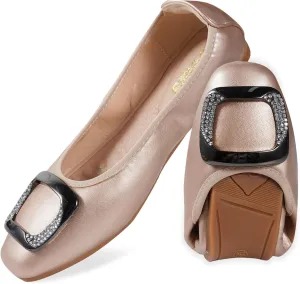 Womens Foldable Soft Ballet Flats Square Toe Sparkly Beads Comfortable Slip On Ballerina Dress Flat Shoes