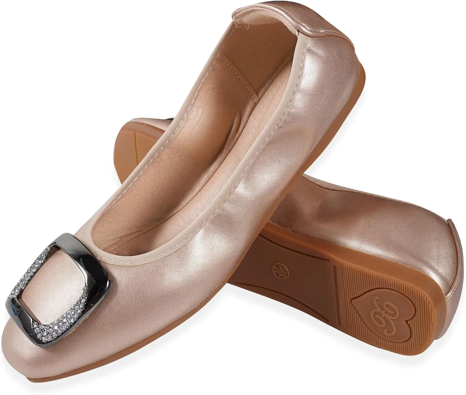Womens Foldable Soft Ballet Flats Square Toe Sparkly Beads Comfortable Slip On Ballerina Dress Flat Shoes