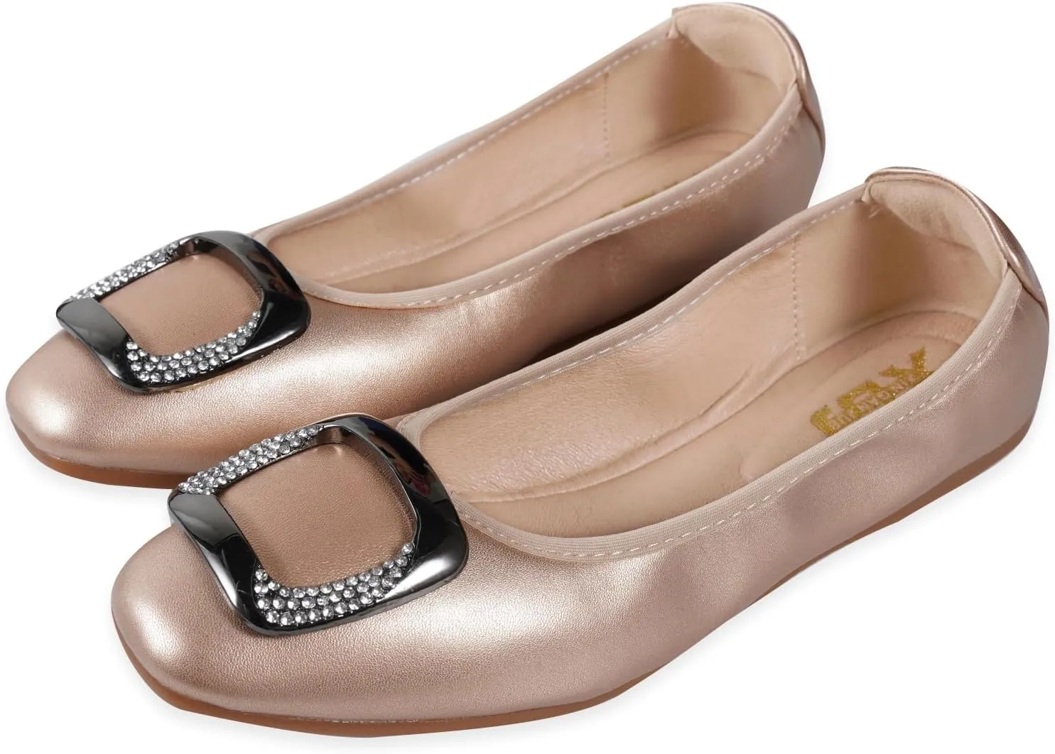 Womens Foldable Soft Ballet Flats Square Toe Sparkly Beads Comfortable Slip On Ballerina Dress Flat Shoes
