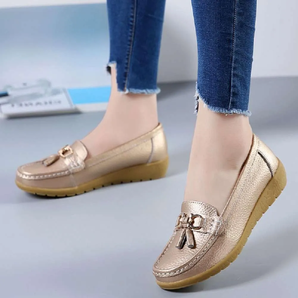 Women's Genuine Leather Platform Loafers Classic Casual Comfort Slip-On Shoes Soft Sole Dress Shoes