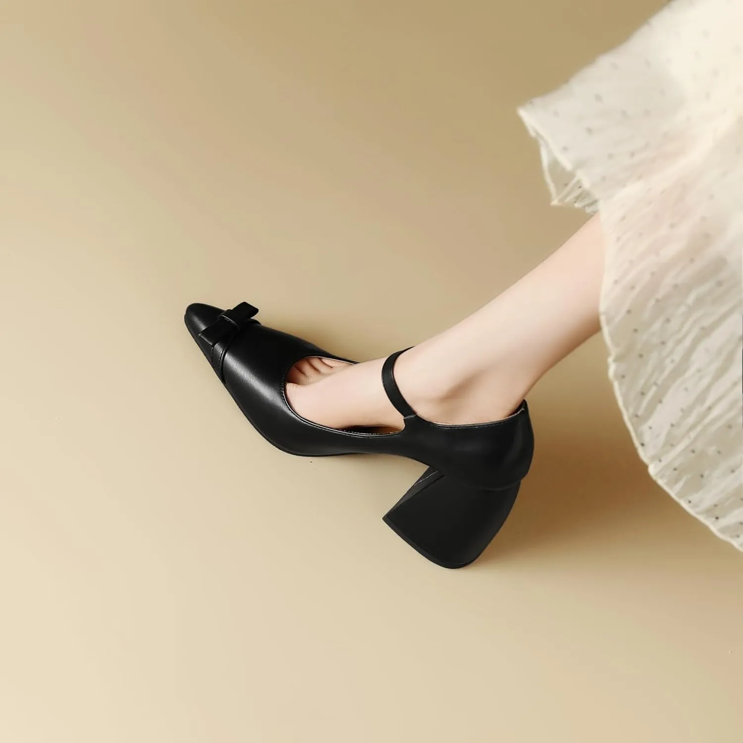 Womens High Block Heel Mary Jane Shoes Pointed Pumps with Buckle Closure