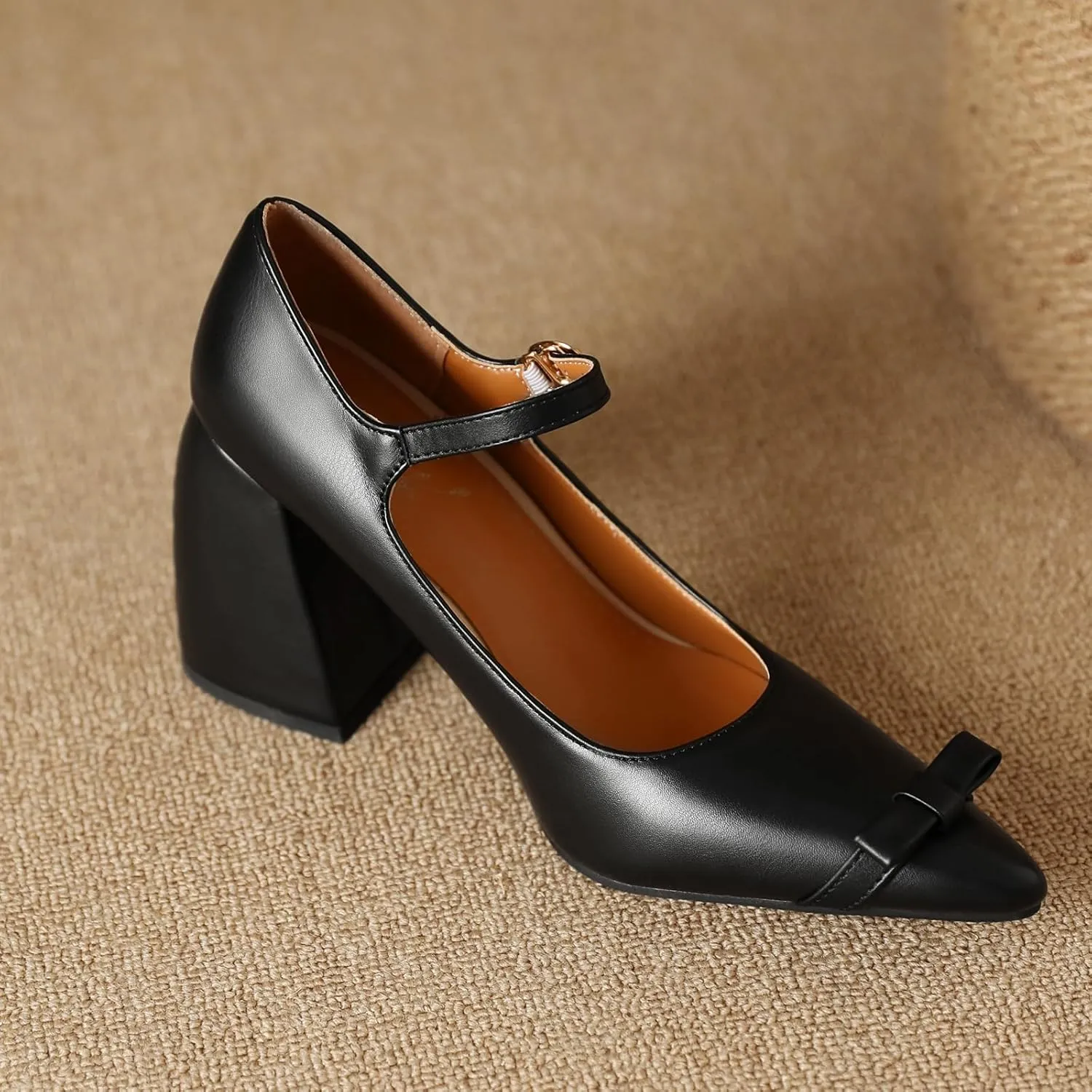 Womens High Block Heel Mary Jane Shoes Pointed Pumps with Buckle Closure