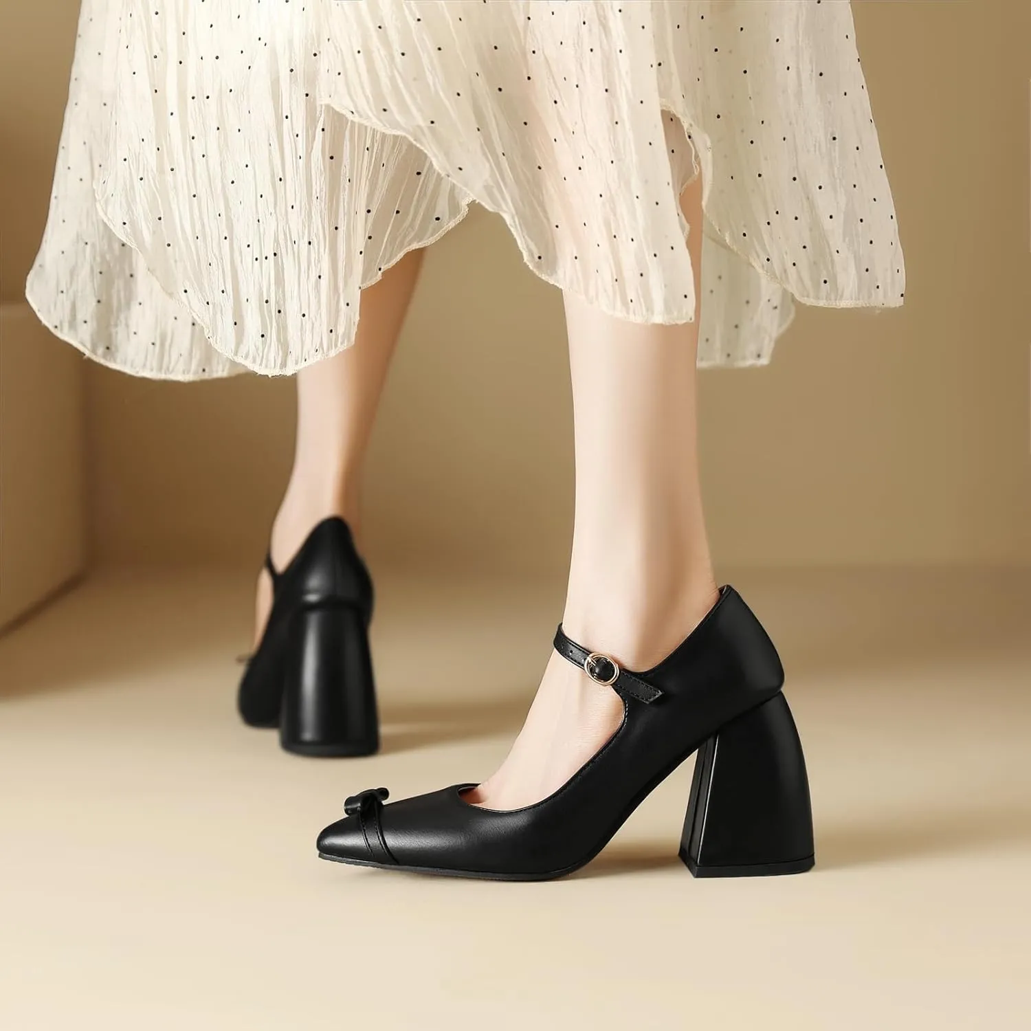 Womens High Block Heel Mary Jane Shoes Pointed Pumps with Buckle Closure