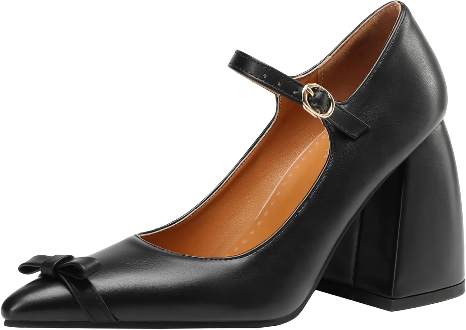 Womens High Block Heel Mary Jane Shoes Pointed Pumps with Buckle Closure