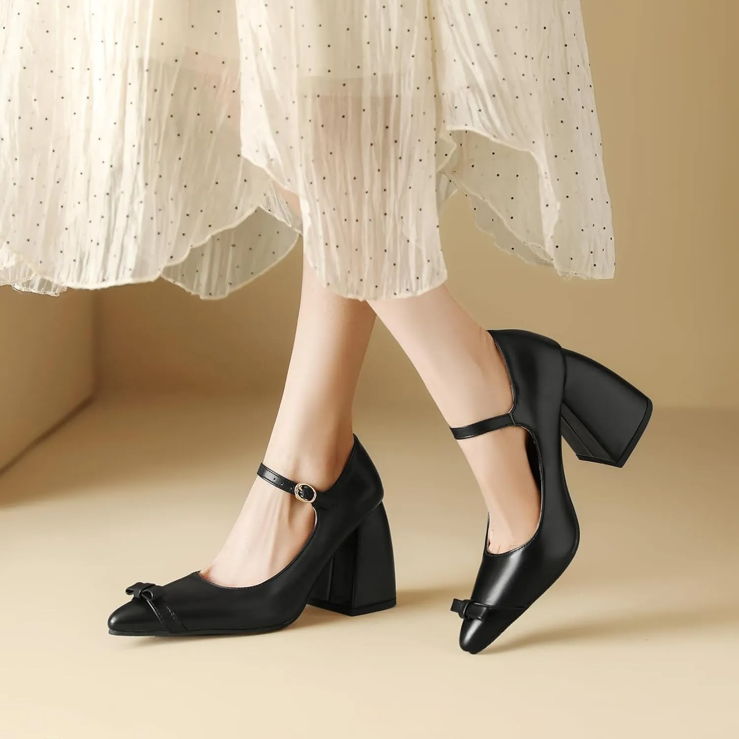 Womens High Block Heel Mary Jane Shoes Pointed Pumps with Buckle Closure