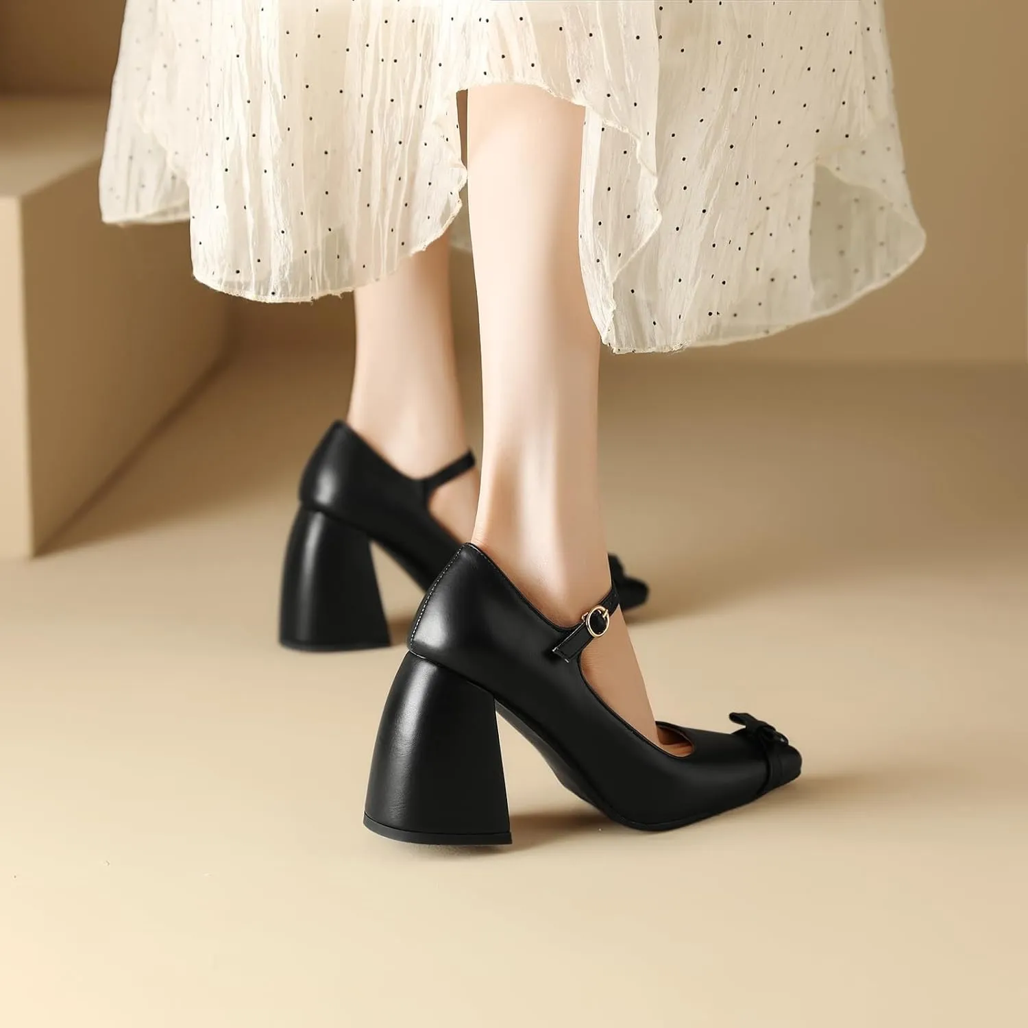 Womens High Block Heel Mary Jane Shoes Pointed Pumps with Buckle Closure