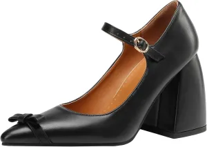 Womens High Block Heel Mary Jane Shoes Pointed Pumps with Buckle Closure