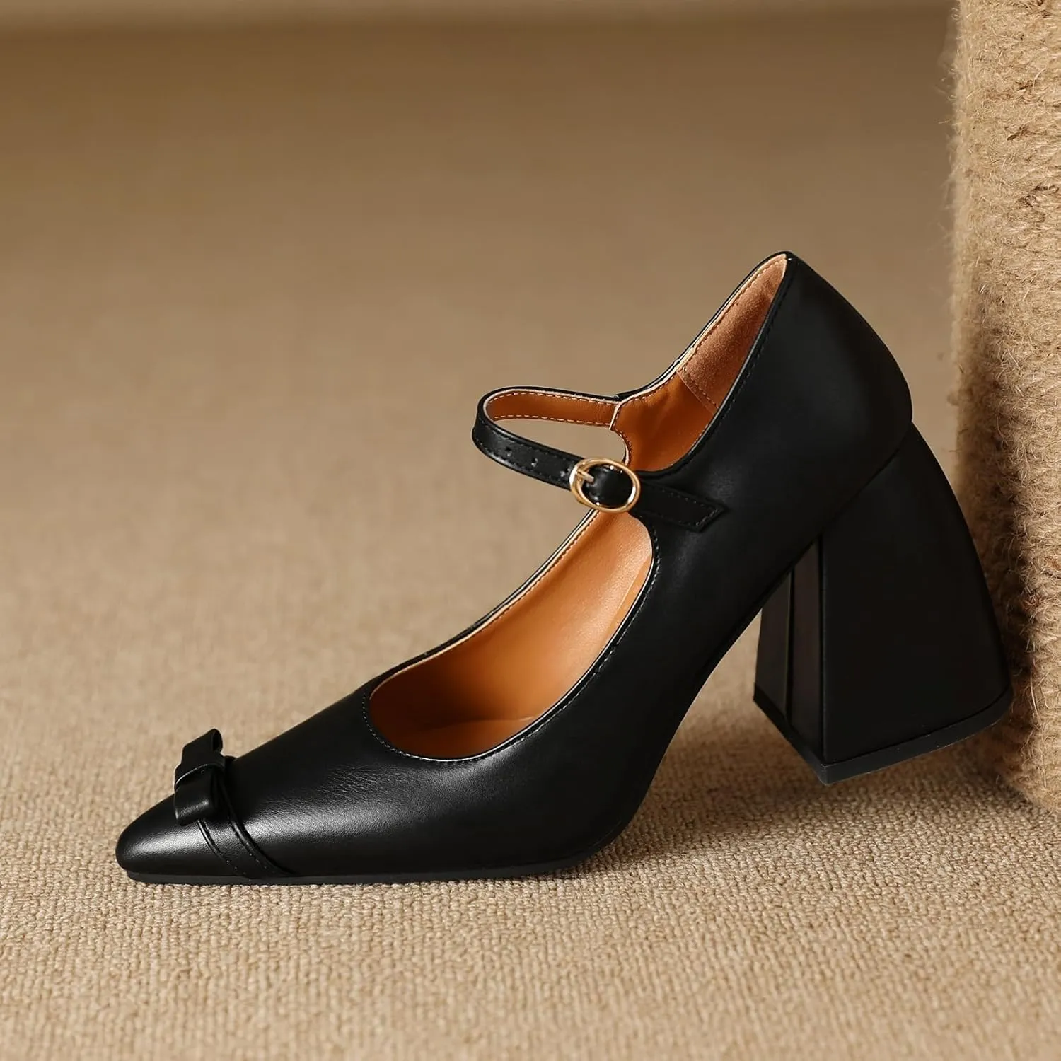 Womens High Block Heel Mary Jane Shoes Pointed Pumps with Buckle Closure