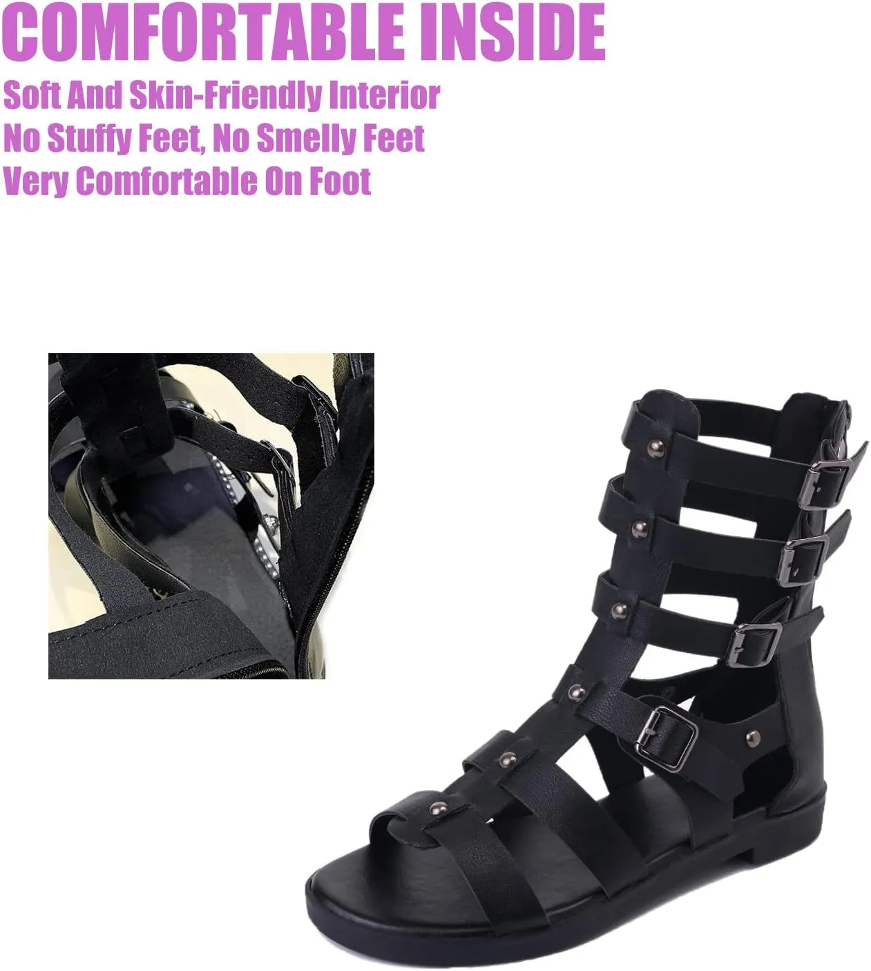 Women's High Top Open Toe Gladiator Flats Sandals Booties with Adjustable with Multi Buckle Ankle Strap,Roman Sandals Stud Back Zipper Fisherman Woven Y2K Sandals
