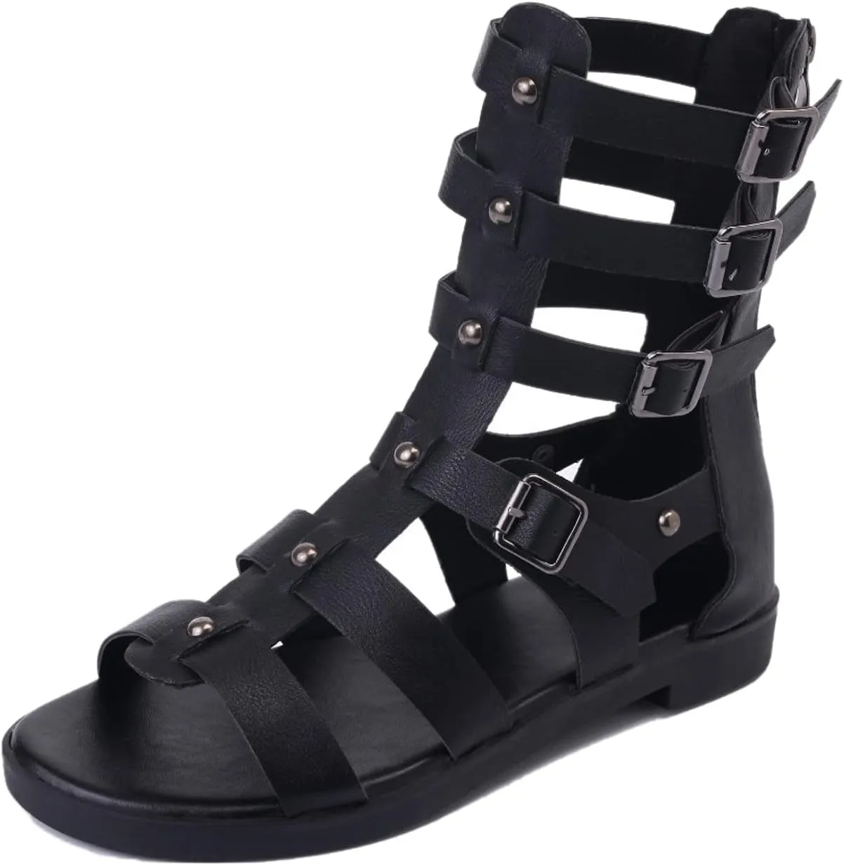 Women's High Top Open Toe Gladiator Flats Sandals Booties with Adjustable with Multi Buckle Ankle Strap,Roman Sandals Stud Back Zipper Fisherman Woven Y2K Sandals