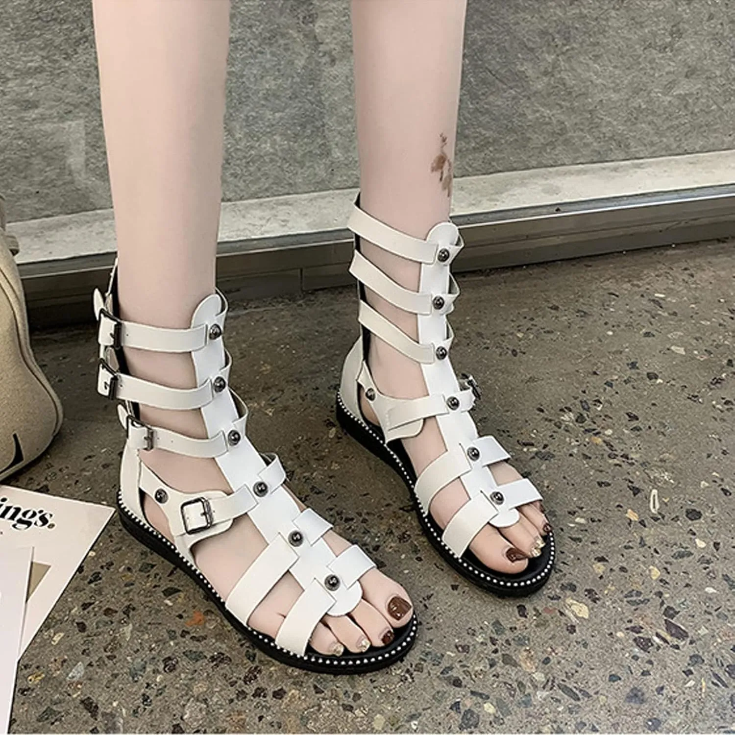 Women's High Top Open Toe Gladiator Flats Sandals Booties with Adjustable with Multi Buckle Ankle Strap,Roman Sandals Stud Back Zipper Fisherman Woven Y2K Sandals