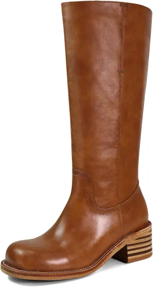 Women's Knee High Boots Square Toe Chunky Block Heel Long Boots for Women Comfortable Low Heel Womens Boots