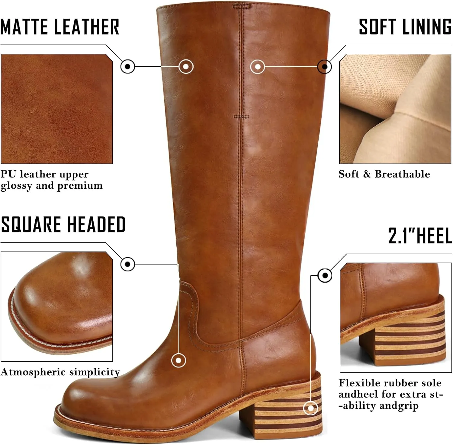 Women's Knee High Boots Square Toe Chunky Block Heel Long Boots for Women Comfortable Low Heel Womens Boots