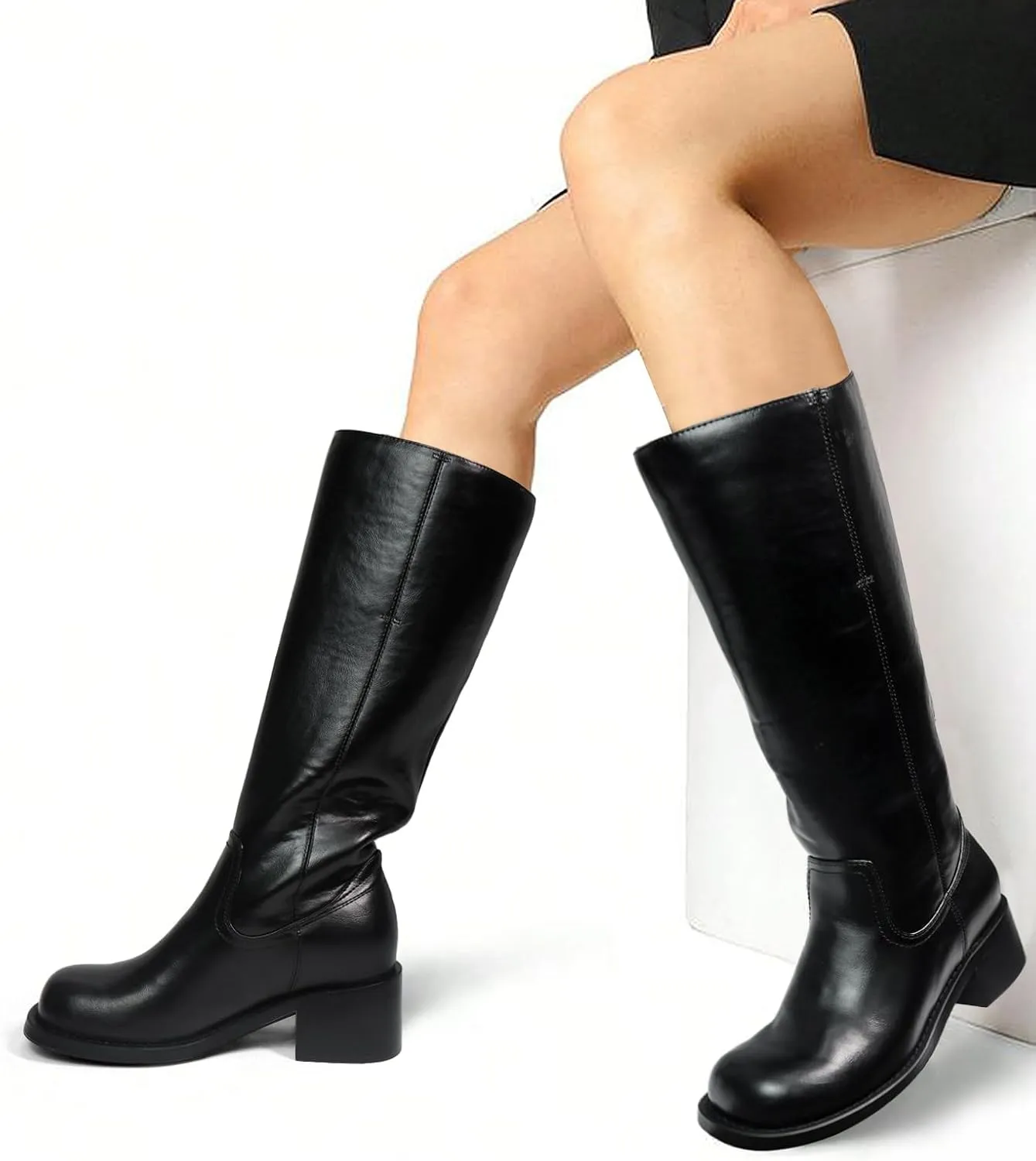 Women's Knee High Boots Square Toe Chunky Block Heel Long Boots for Women Comfortable Low Heel Womens Boots