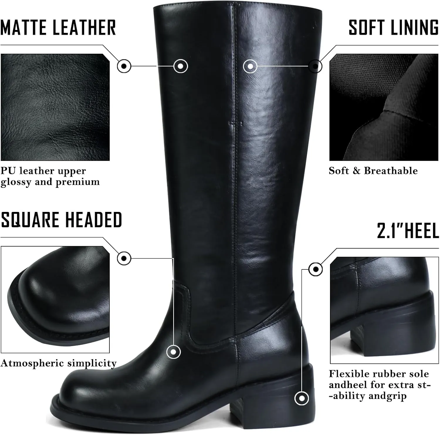Women's Knee High Boots Square Toe Chunky Block Heel Long Boots for Women Comfortable Low Heel Womens Boots