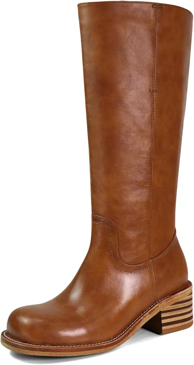 Women's Knee High Boots Square Toe Chunky Block Heel Long Boots for Women Comfortable Low Heel Womens Boots