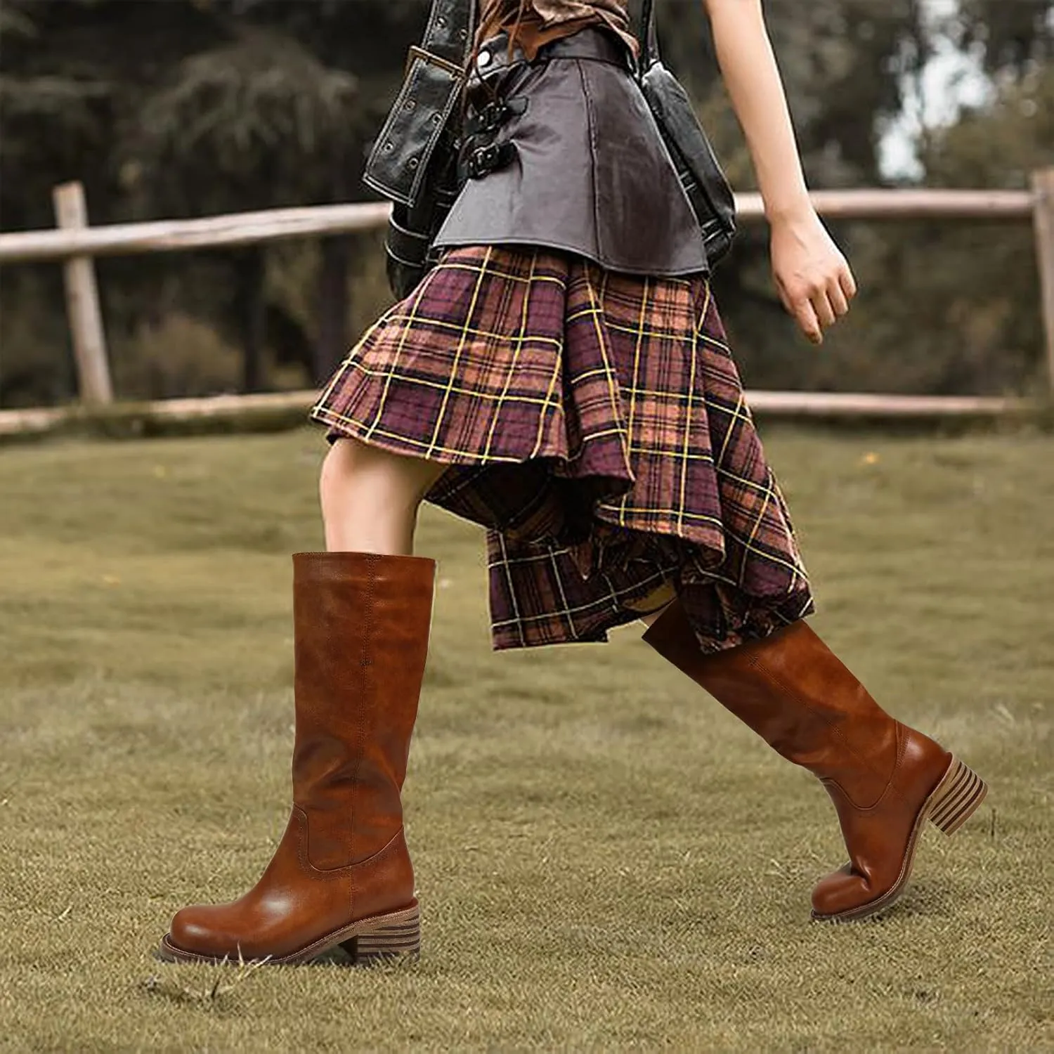 Women's Knee High Boots Square Toe Chunky Block Heel Long Boots for Women Comfortable Low Heel Womens Boots