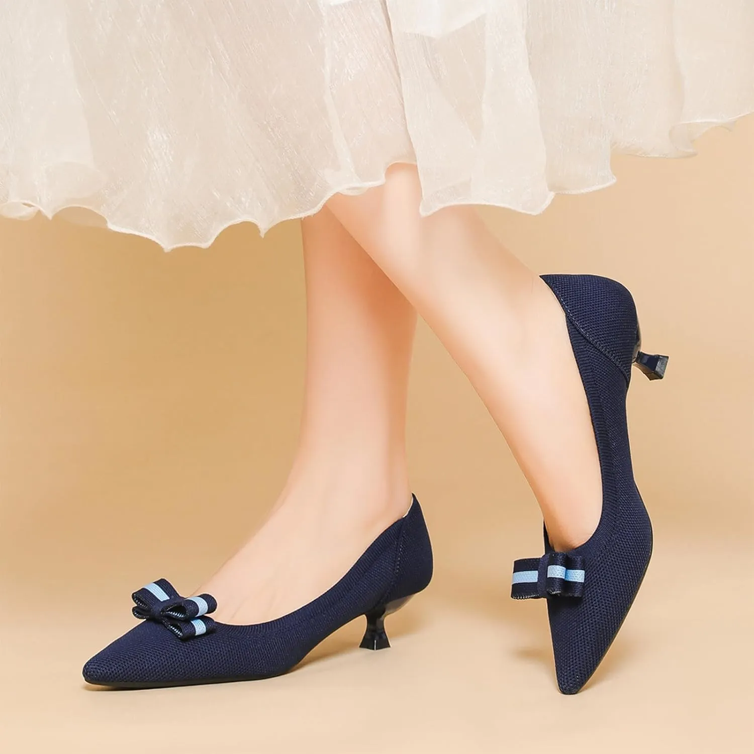 Women's Knitted Kitten Low Heels with Bow Pointed Closed Toe Slip On Comfort Pumps Casual Work Office Dress Shoes