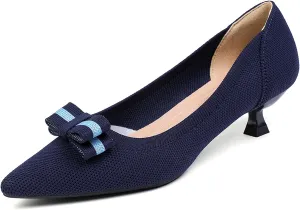 Women's Knitted Kitten Low Heels with Bow Pointed Closed Toe Slip On Comfort Pumps Casual Work Office Dress Shoes