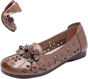 Women's Leather Slip-on Flats Shoes,Vintage Comfort Breathable Flower Non-Slip Softsole Oxford Casual Walking Loafers