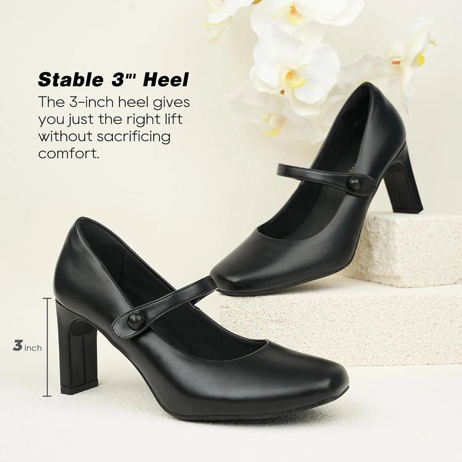 Womens Mary Janes Chunky Heels Square Toe Pumps