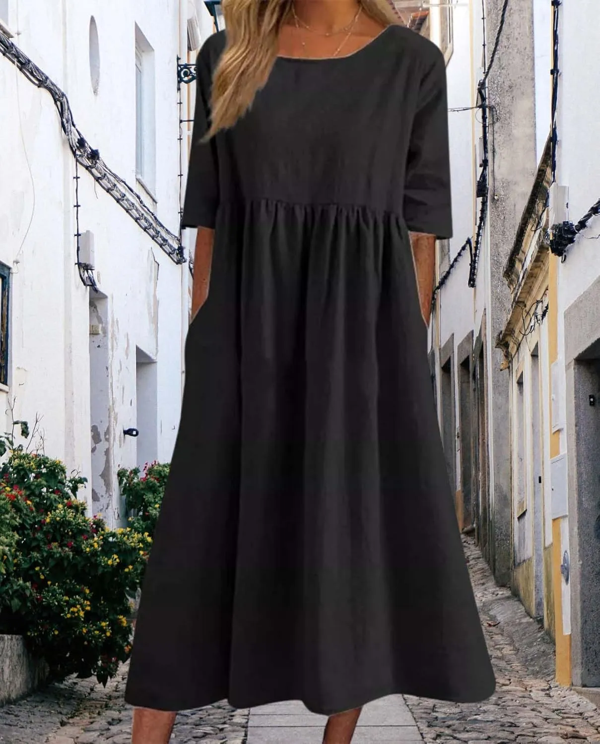Womens Maxi Dresses Half Sleeve Crew Neck Casual Floral Print Plus Size Beach Dress with Pockets for 2025 Summer