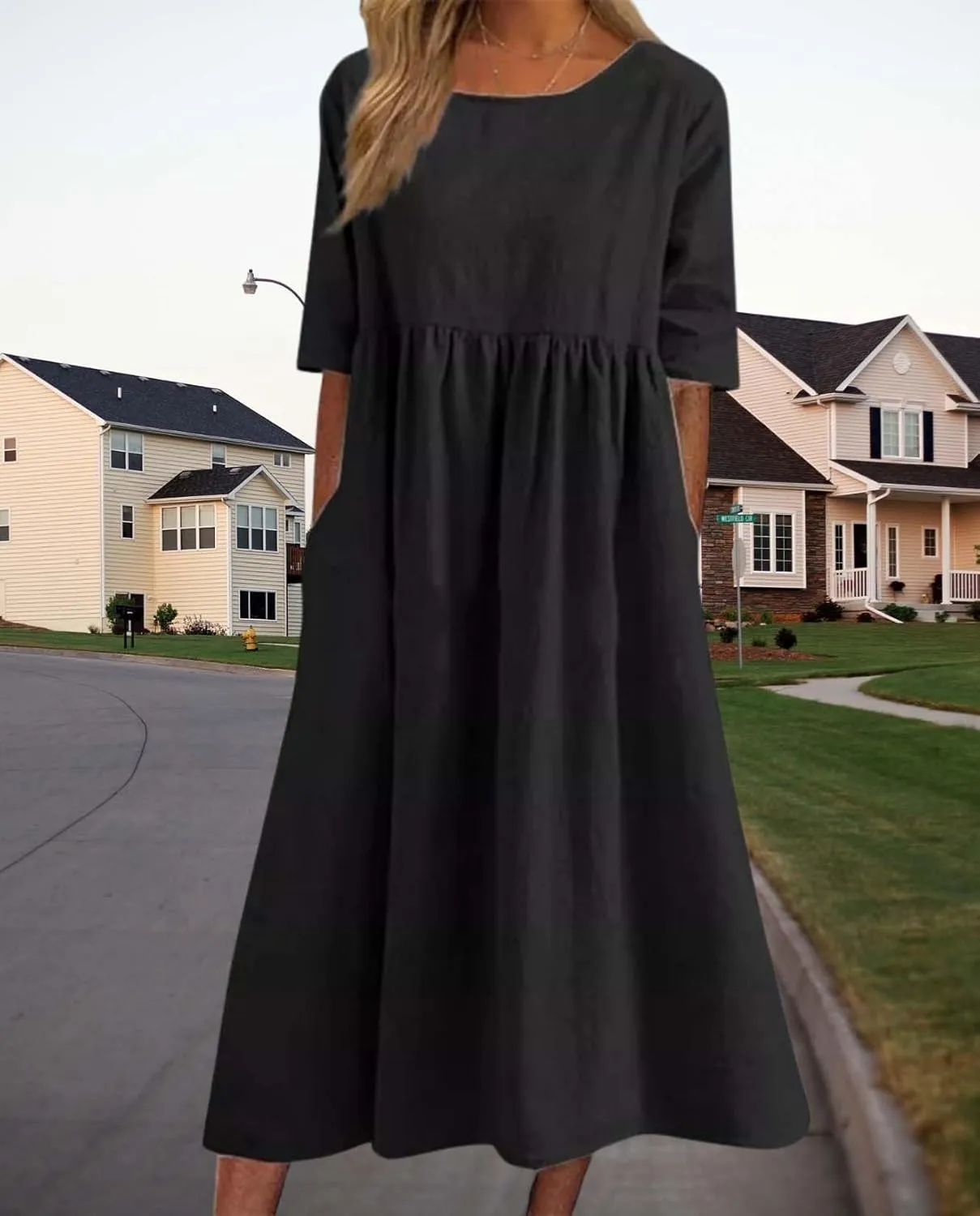 Womens Maxi Dresses Half Sleeve Crew Neck Casual Floral Print Plus Size Beach Dress with Pockets for 2025 Summer