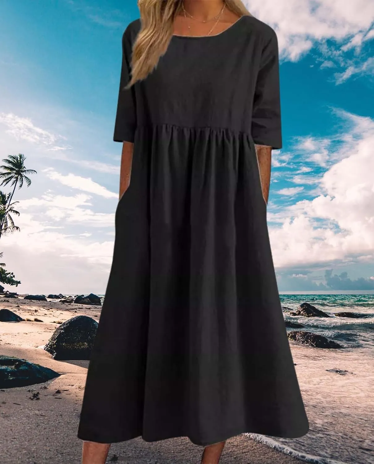 Womens Maxi Dresses Half Sleeve Crew Neck Casual Floral Print Plus Size Beach Dress with Pockets for 2025 Summer