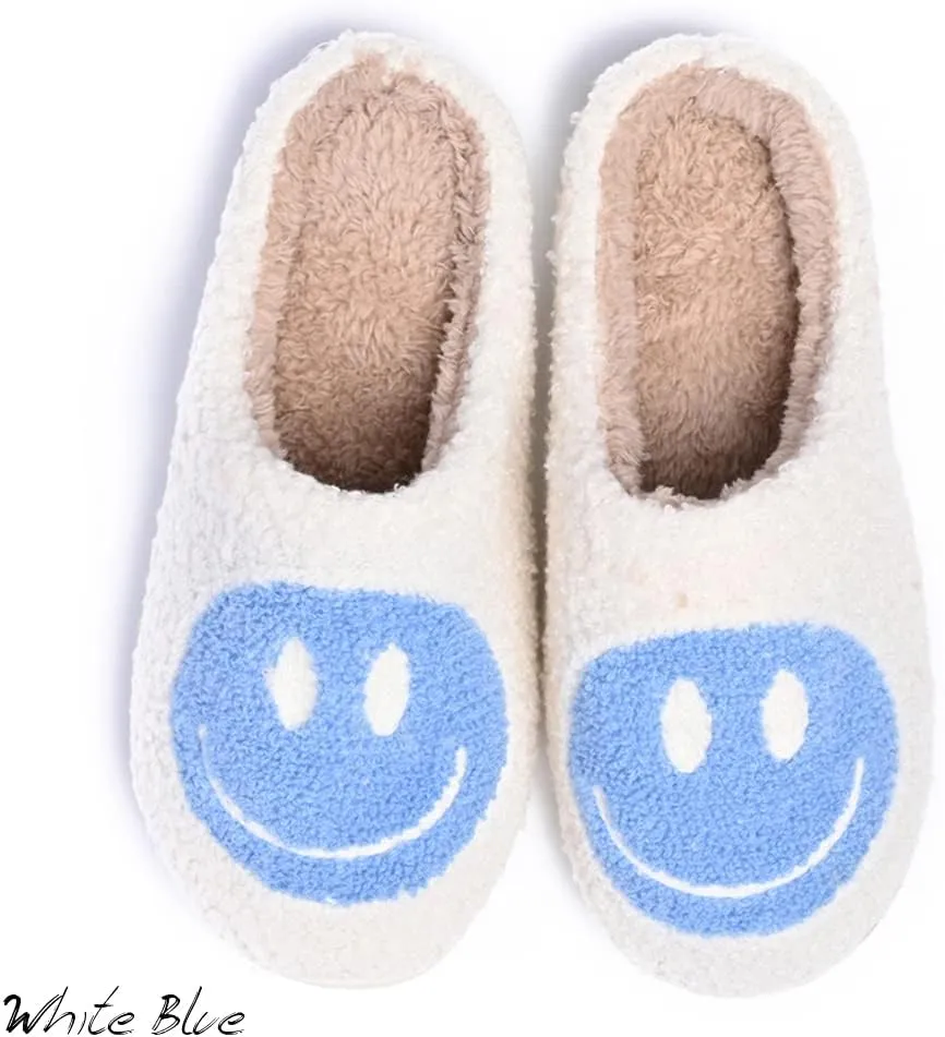 Women's Men's Retro Preppy Happy Face Slippers Comfy Warm Plush Slip-On House Slipper for Winter Indoor Soft Cushion Non-slip Fluffy Slides Slippers