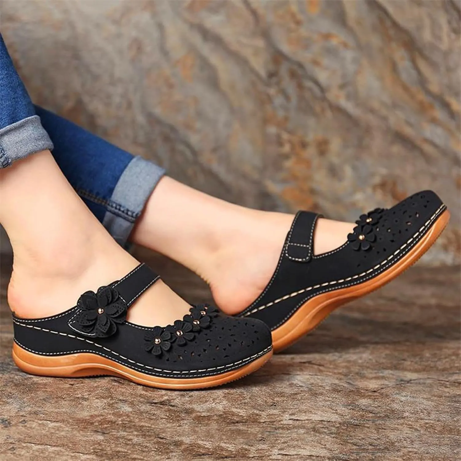 Womens Mule Closed Toe Slip On Clogs Mules Shoes for Women Dressy Summer Casual Wedge Sandals with Adjustable Hook Loop Comfortable Low Heel Orthopedic Sandal Round Head Anti-Slip Soft Bottom Footwear
