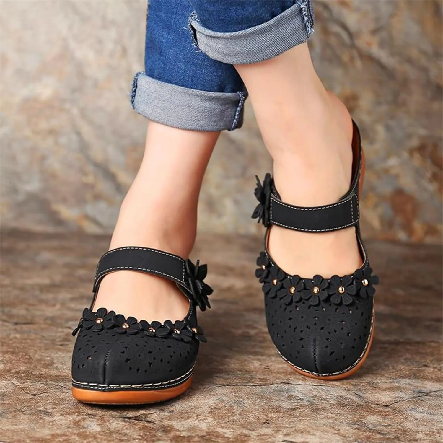 Womens Mule Closed Toe Slip On Clogs Mules Shoes for Women Dressy Summer Casual Wedge Sandals with Adjustable Hook Loop Comfortable Low Heel Orthopedic Sandal Round Head Anti-Slip Soft Bottom Footwear