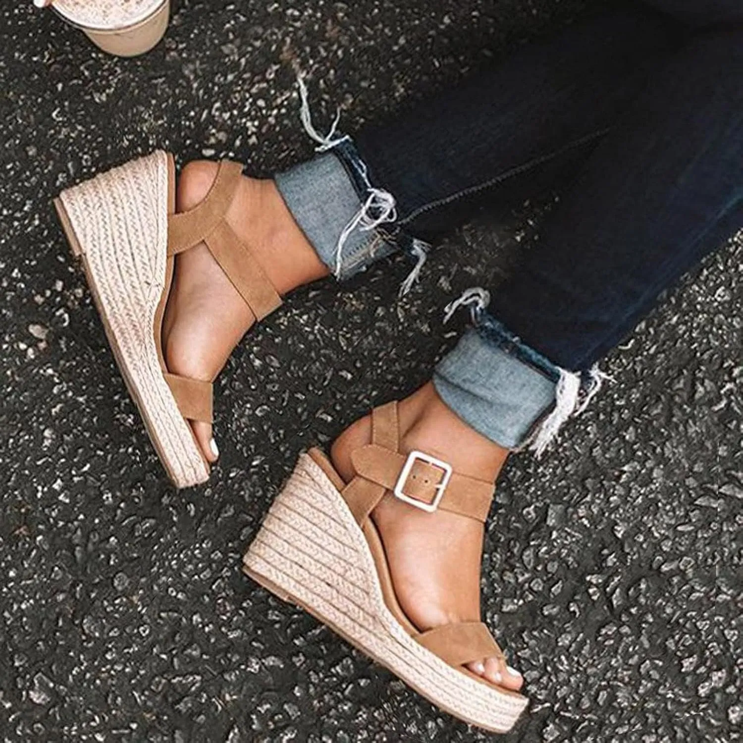 Womens Platform Sandals Wedge Ankle Strap Open Toe Sandals Platform Espadrilles Wedges, Single Bands Buckle Slip on Walking Shoes Summer Fashion Dress Shoes
