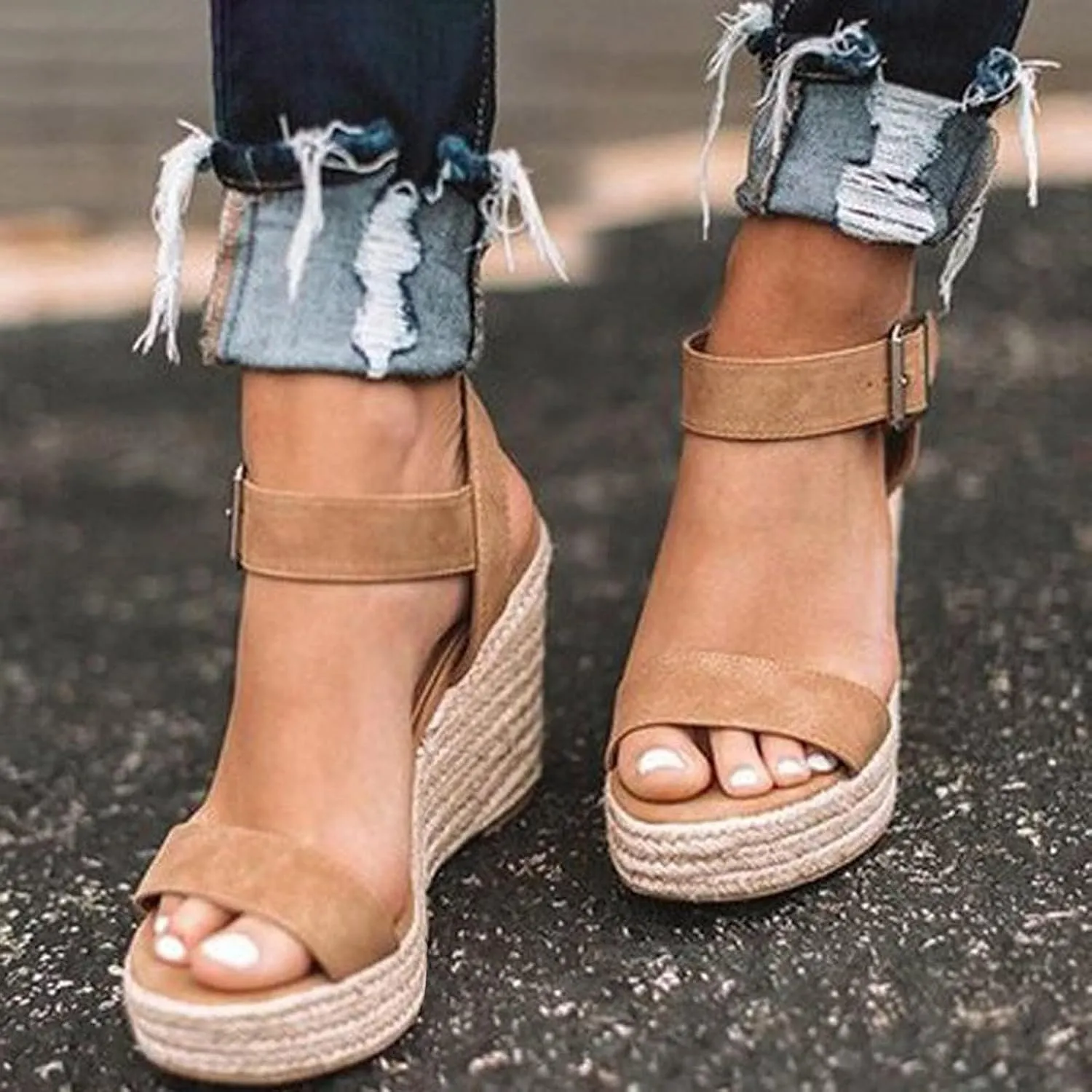 Womens Platform Sandals Wedge Ankle Strap Open Toe Sandals Platform Espadrilles Wedges, Single Bands Buckle Slip on Walking Shoes Summer Fashion Dress Shoes