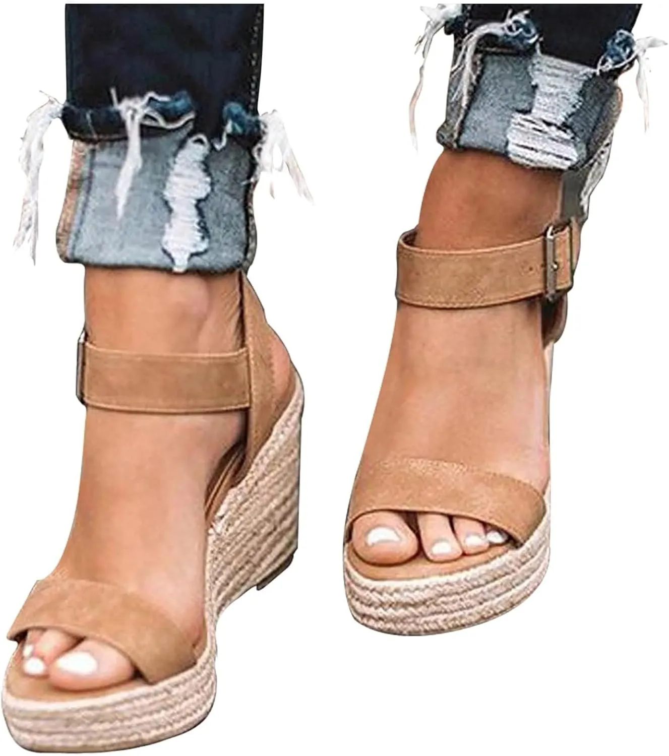 Womens Platform Sandals Wedge Ankle Strap Open Toe Sandals Platform Espadrilles Wedges, Single Bands Buckle Slip on Walking Shoes Summer Fashion Dress Shoes