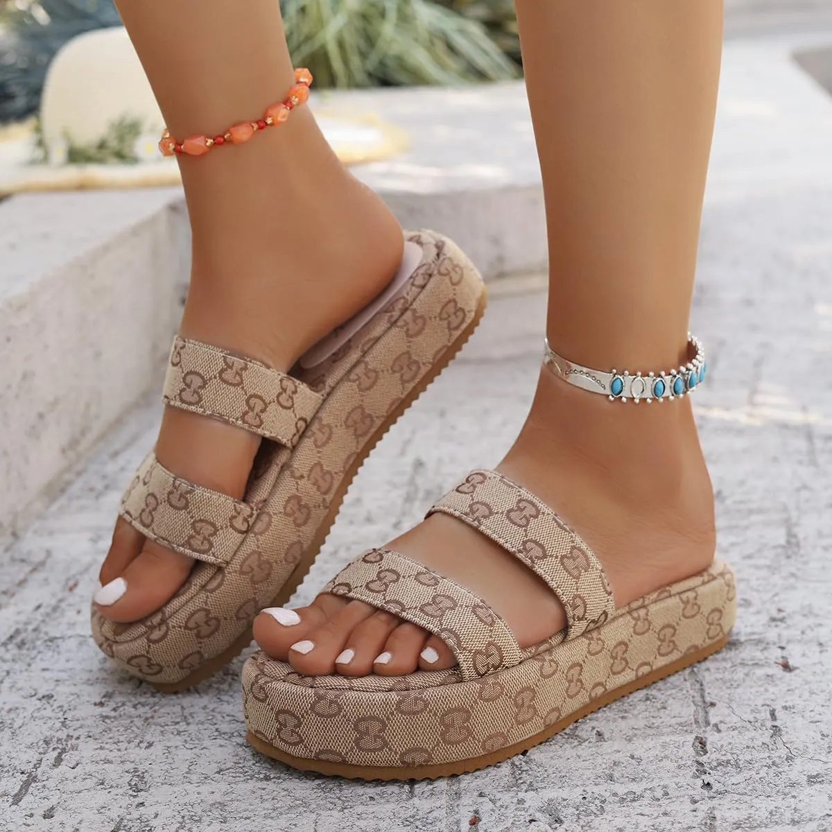 Women's Platform Slides Canvas Sandals Comfortable Open Toe Summer Beach Sandals Casual Walking Slippers