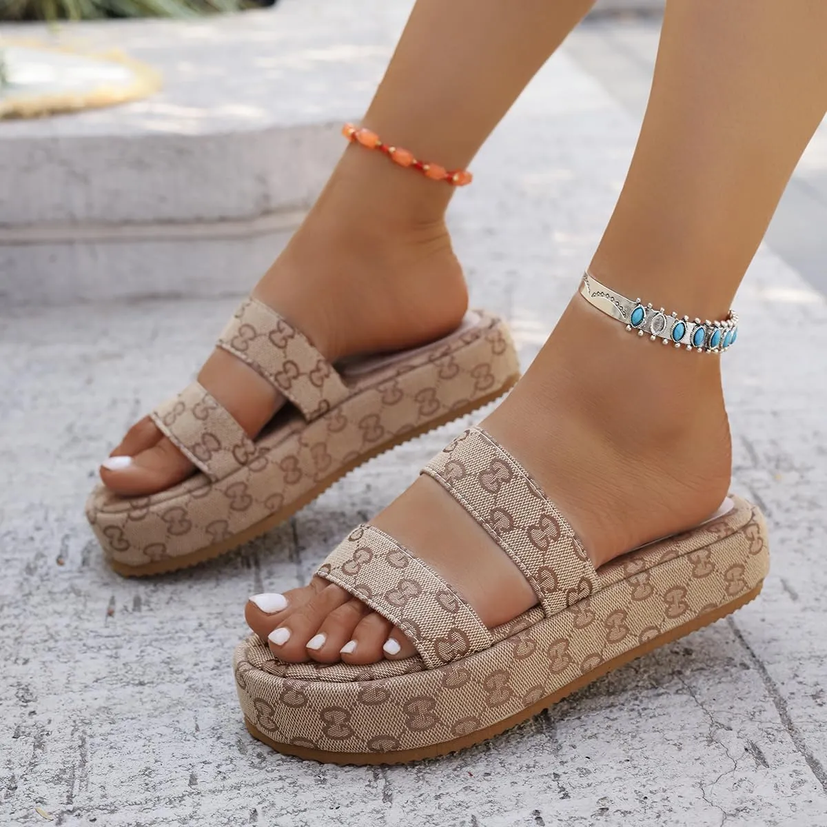 Women's Platform Slides Canvas Sandals Comfortable Open Toe Summer Beach Sandals Casual Walking Slippers