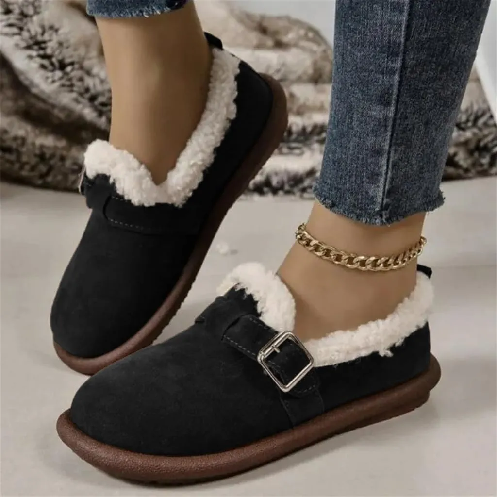 Women's Plush Round Toe Slip-On Flats, Women's Plush Lined Orthopedic Slip-On Shoes, Retro Buckle Strap Round Toe Flat Loafers