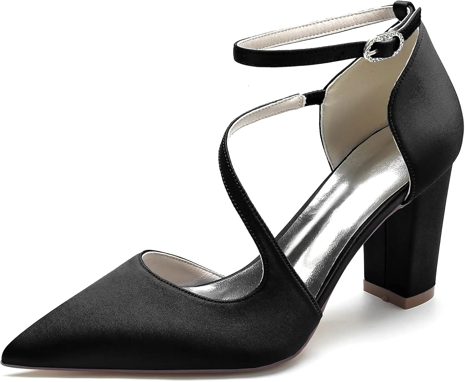 Women's Pointed Toe Ankle Strap Block Chunky Heeled Sandal Comfortable Wedding Dress Pump Shoes