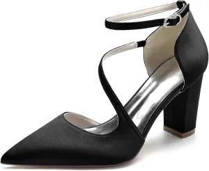 Women's Pointed Toe Ankle Strap Block Chunky Heeled Sandal Comfortable Wedding Dress Pump Shoes