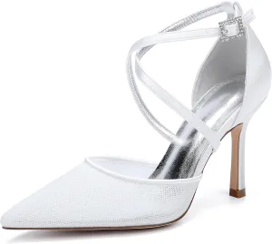 Womens Pumps for Bride Shoes Stiletto High Heels Closed Toe Pointed Toe Wedding Shoes Satin Sandals Ankle Strap Evening Dress,Ivory,9