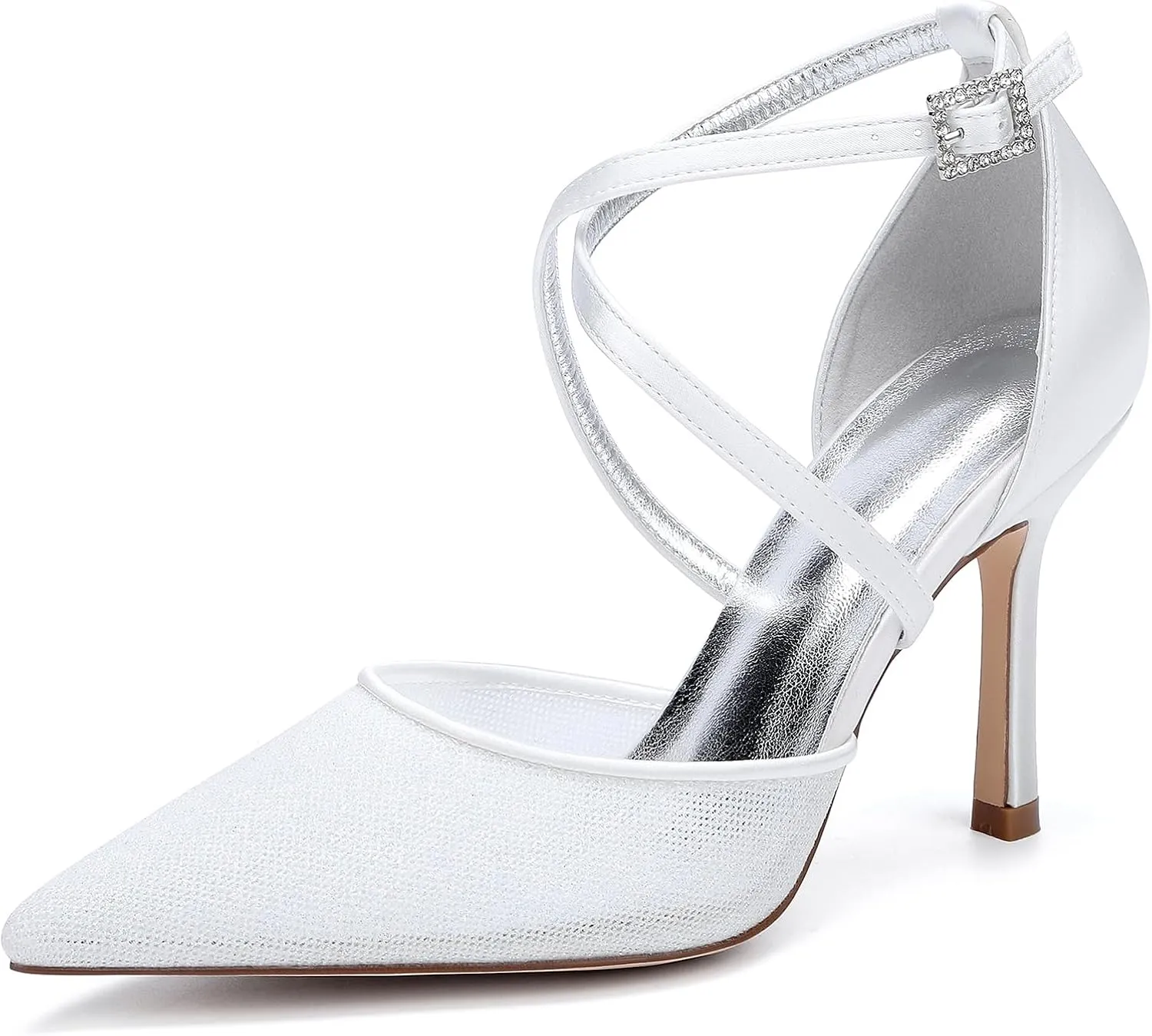 Womens Pumps for Bride Shoes Stiletto High Heels Closed Toe Pointed Toe Wedding Shoes Satin Sandals Ankle Strap Evening Dress,Ivory,9